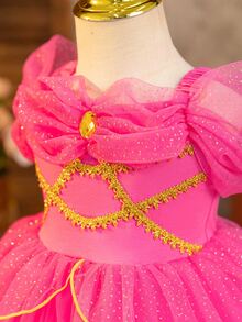 SHEIN Glamorique Kids 寶寶女孩茉莉公主生日派對婚禮節日裝，粉色亮晶晶的波點裝，鑲有寶石，適合舞臺，風格，夏季，輕巧，沙灘，熱帶，海邊遊戲 - 玫紅色 - 查看 6
