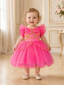SHEIN Glamorique Kids 寶寶女孩茉莉公主生日派對婚禮節日裝，粉色亮晶晶的波點裝，鑲有寶石，適合舞臺，風格，夏季，輕巧，沙灘，熱帶，海邊遊戲 - 玫紅色 - 查看 8