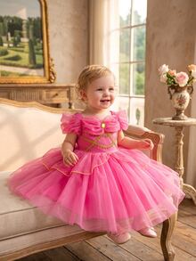 SHEIN Glamorique Kids 寶寶女孩茉莉公主生日派對婚禮節日裝，粉色亮晶晶的波點裝，鑲有寶石，適合舞臺，風格，夏季，輕巧，沙灘，熱帶，海邊遊戲 - 玫紅色 - 查看 7