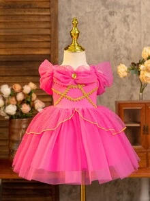 SHEIN Glamorique Kids 寶寶女孩茉莉公主生日派對婚禮節日裝，粉色亮晶晶的波點裝，鑲有寶石，適合舞臺，風格，夏季，輕巧，沙灘，熱帶，海邊遊戲 - 玫紅色 - 查看 1