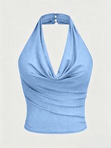 Sweetra Plus Size Elegant Sexy Halter Backless Tight Camisole For Summer - Blue - View 3