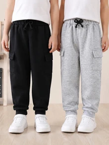 SHEIN 男童两件套工装裤，带口袋，长款休闲百搭裤，适合秋季穿着，时尚秋冬装扮。 - 灰色 - 查看 4