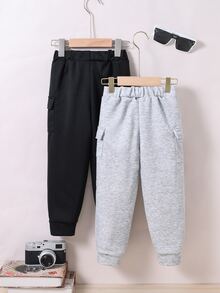 SHEIN 男童两件套工装裤，带口袋，长款休闲百搭裤，适合秋季穿着，时尚秋冬装扮。 - 灰色 - 查看 2