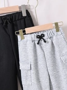 SHEIN 男童两件套工装裤，带口袋，长款休闲百搭裤，适合秋季穿着，时尚秋冬装扮。 - 灰色 - 查看 5