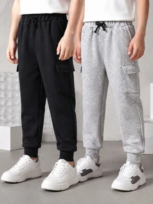 SHEIN 男童两件套工装裤，带口袋，长款休闲百搭裤，适合秋季穿着，时尚秋冬装扮。 - 灰色 - 查看 3