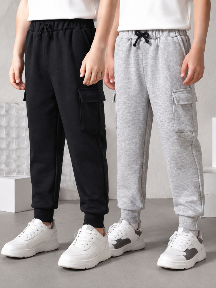 SHEIN Young Boy Two-Piece Set Cargo Pants With Pockets, Long Casual And Versatile Pants Suitable For The Autumn Season Chic Autumn/Winter - Grey - View 3