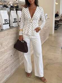 Serisse Women's Elegant Commute Polka Dot Print Metal Decor T-Shirt - White - View 5