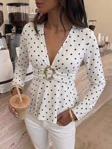 Serisse Women's Elegant Commute Polka Dot Print Metal Decor T-Shirt - White - View 4