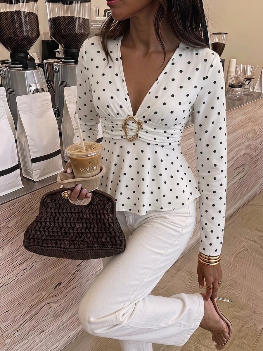Serisse Women's Elegant Commute Polka Dot Print Metal Decor T-Shirt - White - View 1