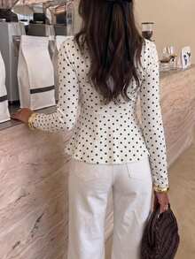 Serisse Women's Elegant Commute Polka Dot Print Metal Decor T-Shirt - White - View 3