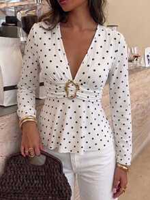 Serisse Women's Elegant Commute Polka Dot Print Metal Decor T-Shirt - White - View 2