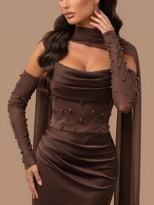 Glamrae Elegantes Damen-Abendkleid in Kakaobraun aus glänzendem Satin, trägerlos, mit geraffter Drapierung an der Vorderseite, Taillenbetonung und schwerer Perlenverzierung, inklusive abnehmbarer langer Ärmel aus transparentem Mesh und trägerlosem Schal, mit Meerjungfrau-Rock, geeignet für Dates, Urlaub, Junggesellinnenabschiede, Hochzeiten, Geschäftsessen und alle formellen Anlässe - Kaffeebraun - Übersicht 6