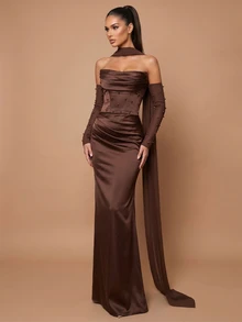 Glamrae Elegantes Damen-Abendkleid in Kakaobraun aus glänzendem Satin, trägerlos, mit geraffter Drapierung an der Vorderseite, Taillenbetonung und schwerer Perlenverzierung, inklusive abnehmbarer langer Ärmel aus transparentem Mesh und trägerlosem Schal, mit Meerjungfrau-Rock, geeignet für Dates, Urlaub, Junggesellinnenabschiede, Hochzeiten, Geschäftsessen und alle formellen Anlässe - Kaffeebraun - Übersicht 7