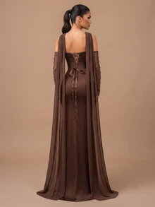 Glamrae Elegantes Damen-Abendkleid in Kakaobraun aus glänzendem Satin, trägerlos, mit geraffter Drapierung an der Vorderseite, Taillenbetonung und schwerer Perlenverzierung, inklusive abnehmbarer langer Ärmel aus transparentem Mesh und trägerlosem Schal, mit Meerjungfrau-Rock, geeignet für Dates, Urlaub, Junggesellinnenabschiede, Hochzeiten, Geschäftsessen und alle formellen Anlässe - Kaffeebraun - Übersicht 4