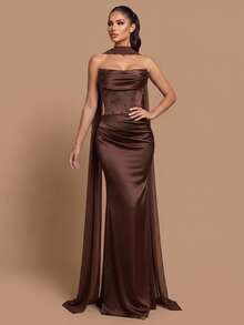 Glamrae Elegantes Damen-Abendkleid in Kakaobraun aus glänzendem Satin, trägerlos, mit geraffter Drapierung an der Vorderseite, Taillenbetonung und schwerer Perlenverzierung, inklusive abnehmbarer langer Ärmel aus transparentem Mesh und trägerlosem Schal, mit Meerjungfrau-Rock, geeignet für Dates, Urlaub, Junggesellinnenabschiede, Hochzeiten, Geschäftsessen und alle formellen Anlässe - Kaffeebraun - Übersicht 5