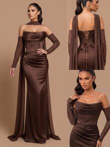 Glamrae Elegantes Damen-Abendkleid in Kakaobraun aus glänzendem Satin, trägerlos, mit geraffter Drapierung an der Vorderseite, Taillenbetonung und schwerer Perlenverzierung, inklusive abnehmbarer langer Ärmel aus transparentem Mesh und trägerlosem Schal, mit Meerjungfrau-Rock, geeignet für Dates, Urlaub, Junggesellinnenabschiede, Hochzeiten, Geschäftsessen und alle formellen Anlässe - Kaffeebraun - Übersicht 9