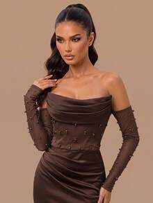 Glamrae Elegantes Damen-Abendkleid in Kakaobraun aus glänzendem Satin, trägerlos, mit geraffter Drapierung an der Vorderseite, Taillenbetonung und schwerer Perlenverzierung, inklusive abnehmbarer langer Ärmel aus transparentem Mesh und trägerlosem Schal, mit Meerjungfrau-Rock, geeignet für Dates, Urlaub, Junggesellinnenabschiede, Hochzeiten, Geschäftsessen und alle formellen Anlässe - Kaffeebraun - Übersicht 3
