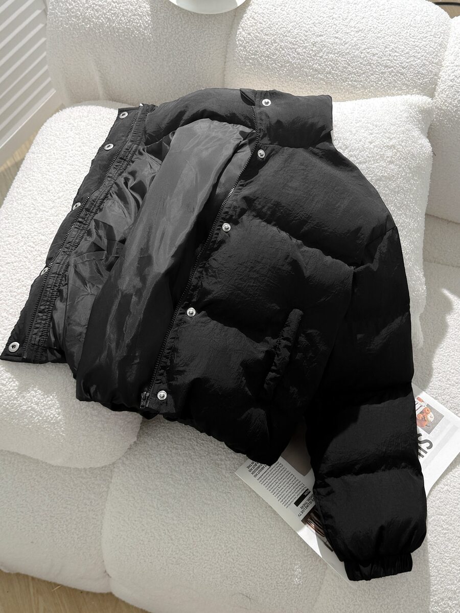 SHEIN 青少年女孩黑色百搭純色保暖極簡休閒舒適棉墊外套 秋冬款 - 黑色 - 查看 1
