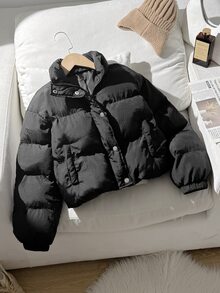 SHEIN 青少年女孩黑色百搭純色保暖極簡休閒舒適棉墊外套 秋冬款 - 黑色 - 查看 7