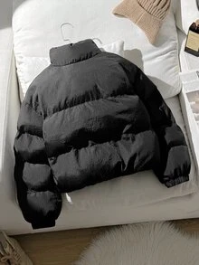 SHEIN 青少年女孩黑色百搭純色保暖極簡休閒舒適棉墊外套 秋冬款 - 黑色 - 查看 8