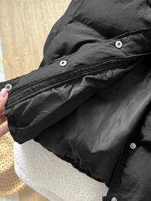 SHEIN 青少年女孩黑色百搭純色保暖極簡休閒舒適棉墊外套 秋冬款 - 黑色 - 查看 9