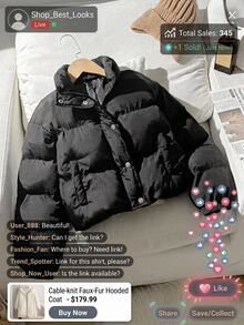 SHEIN 青少年女孩黑色百搭純色保暖極簡休閒舒適棉墊外套 秋冬款 - 黑色 - 查看 3