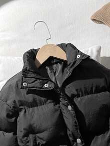 SHEIN 青少年女孩黑色百搭純色保暖極簡休閒舒適棉墊外套 秋冬款 - 黑色 - 查看 6