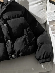 SHEIN 青少年女孩黑色百搭純色保暖極簡休閒舒適棉墊外套 秋冬款 - 黑色 - 查看 5