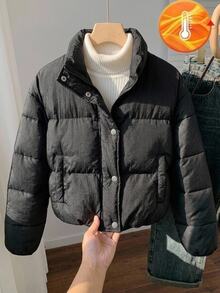 SHEIN 青少年女孩黑色百搭純色保暖極簡休閒舒適棉墊外套 秋冬款 - 黑色 - 查看 4