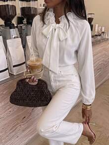 SHEIN Frenchy Women's Solid Color Frill Trim Tie Neck Long Sleeve Elegant French Blouse Office Brunch White Autumn - White - View 3