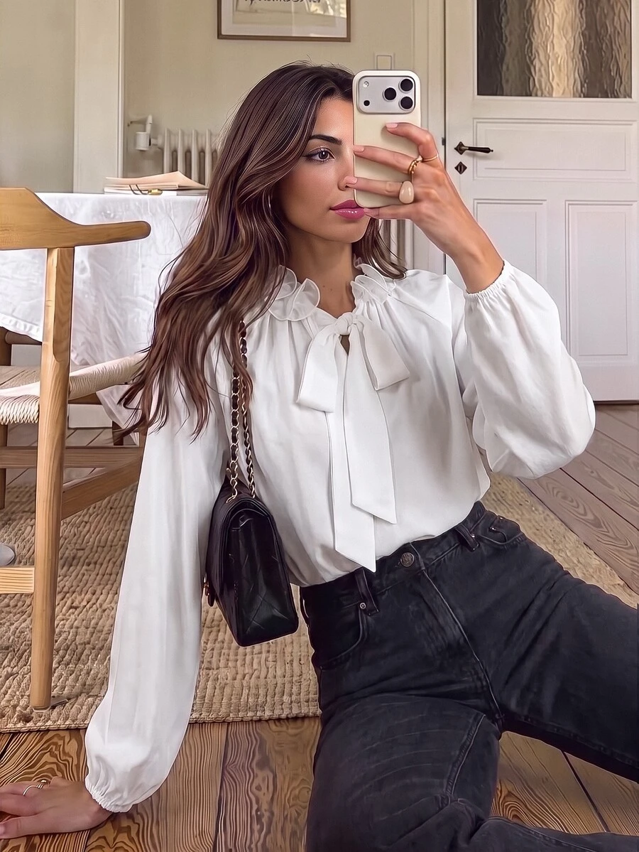 SHEIN Frenchy Women's Solid Color Frill Trim Tie Neck Long Sleeve Elegant French Blouse Office Brunch White Autumn - White - View 1