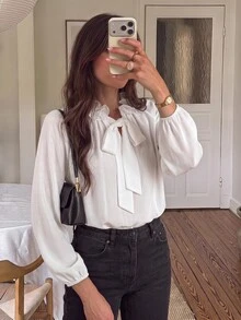 SHEIN Frenchy Women's Solid Color Frill Trim Tie Neck Long Sleeve Elegant French Blouse Office Brunch White Autumn - White - View 2