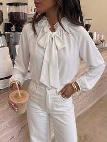 SHEIN Frenchy Women's Solid Color Frill Trim Tie Neck Long Sleeve Elegant French Blouse Office Brunch White Autumn - White - View 4