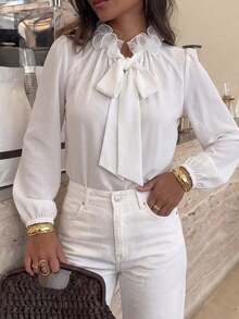 SHEIN Frenchy Women's Solid Color Frill Trim Tie Neck Long Sleeve Elegant French Blouse Office Brunch White Autumn - White - View 7