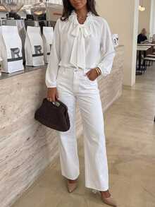 SHEIN Frenchy Women's Solid Color Frill Trim Tie Neck Long Sleeve Elegant French Blouse Office Brunch White Autumn - White - View 5