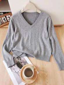 EMERY ROSE Plus Size Women's Solid Color Regular Fit Long Sleeve V-Neck Pullover Sweater Office Formal Teacher Grey Autumn Soft Form Modest Traditional Casual - Grey - View 2
