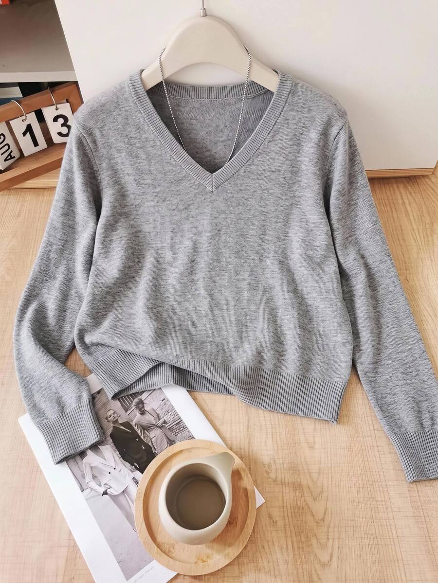 EMERY ROSE Plus Size Women's Solid Color Regular Fit Long Sleeve V-Neck Pullover Sweater Office Formal Teacher Grey Autumn Soft Form Modest Traditional Casual - Grey - View 1