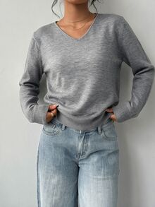 EMERY ROSE Plus Size Women's Solid Color Regular Fit Long Sleeve V-Neck Pullover Sweater Office Formal Teacher Grey Autumn Soft Form Modest Traditional Casual - Grey - View 4