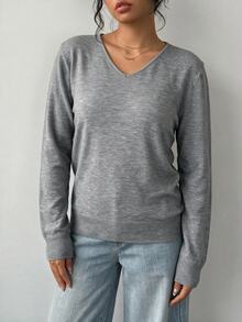 EMERY ROSE Plus Size Women's Solid Color Regular Fit Long Sleeve V-Neck Pullover Sweater Office Formal Teacher Grey Autumn Soft Form Modest Traditional Casual - Grey - View 5
