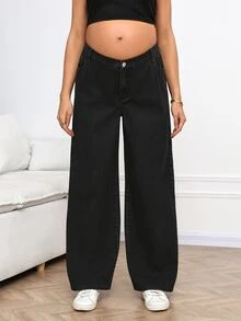 SHEIN 孕婦黑色口袋寬腿寬鬆休閒牛仔褲 - 黑色 - 查看 3