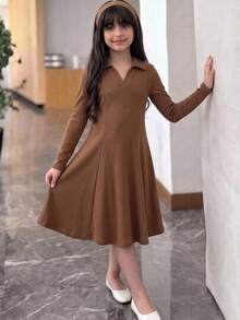SHEIN Tween Girl Solid Rib-Knit V-Collar Flare Hem Dress - Khaki - View 3