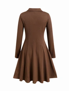 SHEIN Tween Girl Solid Rib-Knit V-Collar Flare Hem Dress - Khaki - View 7