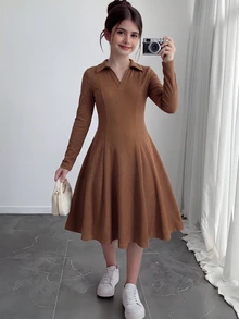 SHEIN Tween Girl Solid Rib-Knit V-Collar Flare Hem Dress - Khaki - View 5
