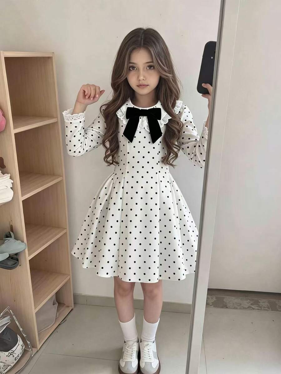 SHEIN 女童白色蕾絲飾邊蝴蝶結黑色波點洋裝，仙女公主風，返校季，秋冬款，萬聖節、周歲生日、嬰兒洗禮派對適用