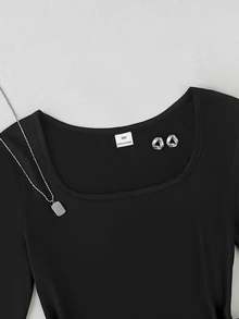 SHEIN 青少年女孩黑色簡約休閒長袖上衣 - 藍白色 - 查看 6