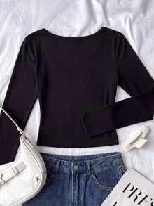 SHEIN 青少年女孩黑色簡約休閒長袖上衣 - 藍白色 - 查看 8
