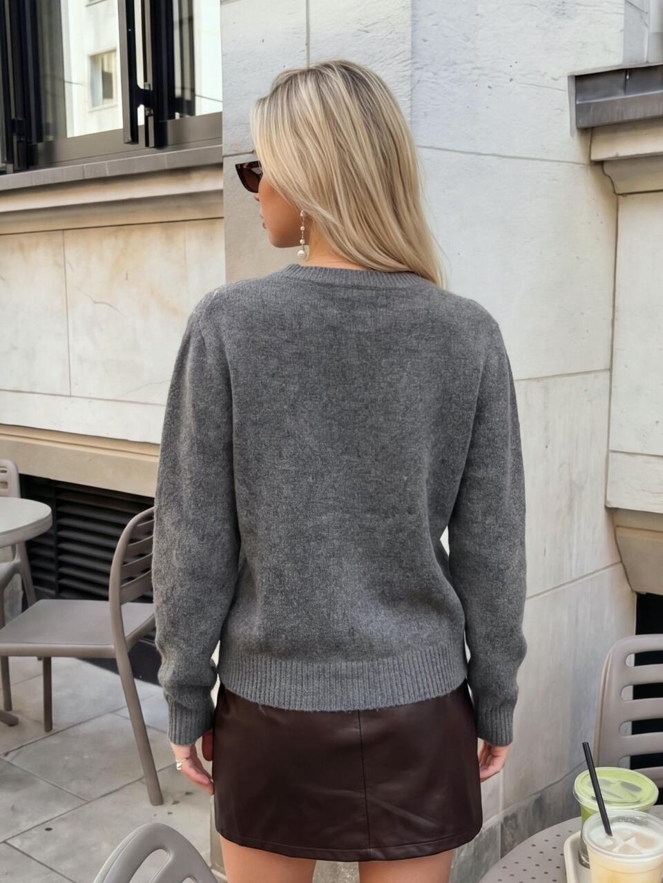 Anewsta Women's Gray Medium-Weight Knit Sweater, Round Neck, Silver Bead & Sequin Willow Leaf Vine Embroidered Collar, Soft & Loose Fit, Luxury Commuter Style, Long Sleeve Pullover Top