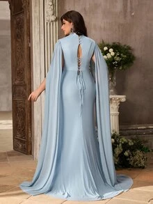 Aureia 大尺碼優雅正式晚宴禮服 灰藍色 立領 飄逸袖 收腰 重工水鑽裝飾 珠飾 抓褶 魚尾婚紗 - 藍色 - 查看 6