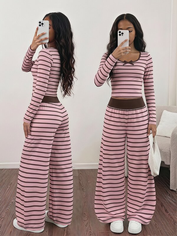 Sparklyn Conjunto minimalista de camiseta de manga larga ajustada con cuello de punto a rayas rosa-marrón y pantalones holgados para niñas preadolescentes, atuendo lindo de calle para otoño/invierno, regreso a la escuela, Y2K