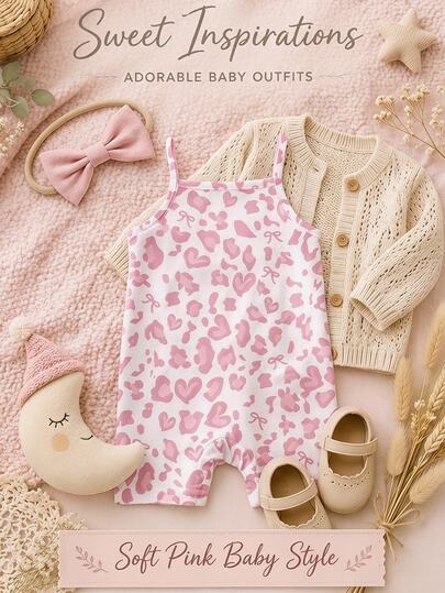 Super Cute Creamy Style Bow Heart Leopard Print, Baby Girl Casual Spaghetti Strap Jumpsuit Suitable For Spring/Summer, Korean Style, Easy & Comfortable, Fashionable Children's Clothing, Y2K, Kawaii, Party, Daily, Vacation, Cute, Comfortable,